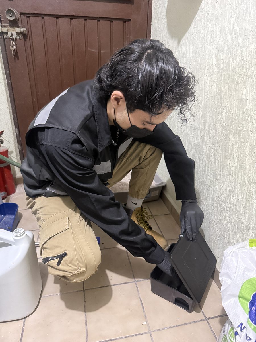 Técnico de FUMITECT revisando una estación para roedores en interior